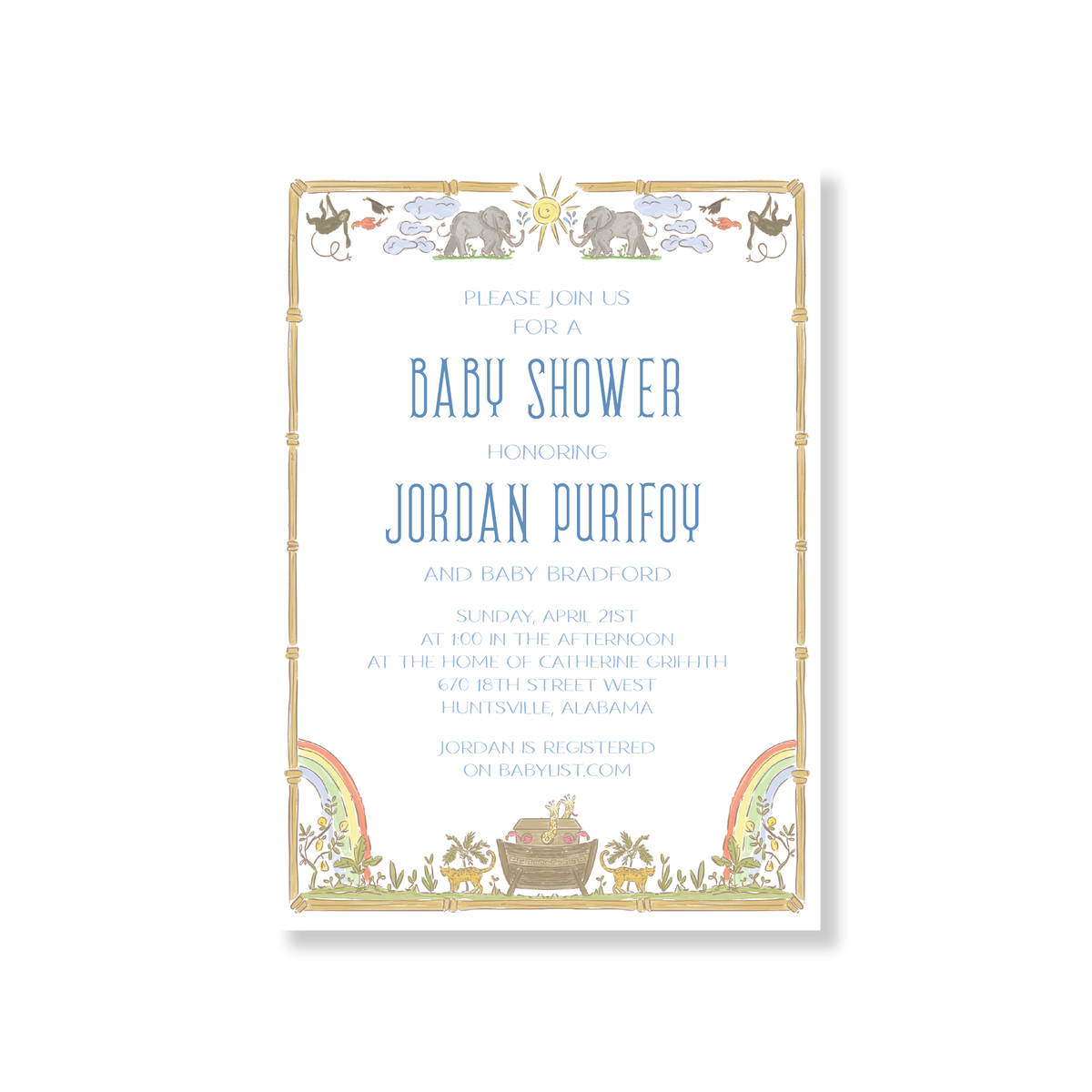 Bamboo Frame Noah's Ark Baby Shower Invitation