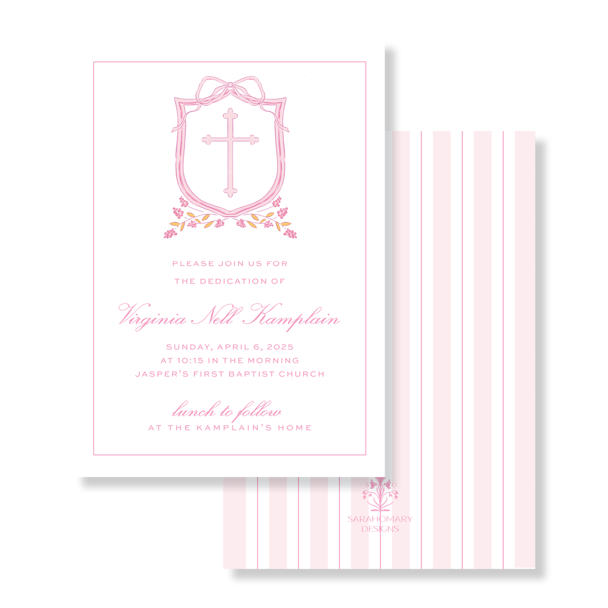 Pink Cross Crest Baby Dedication Invitation