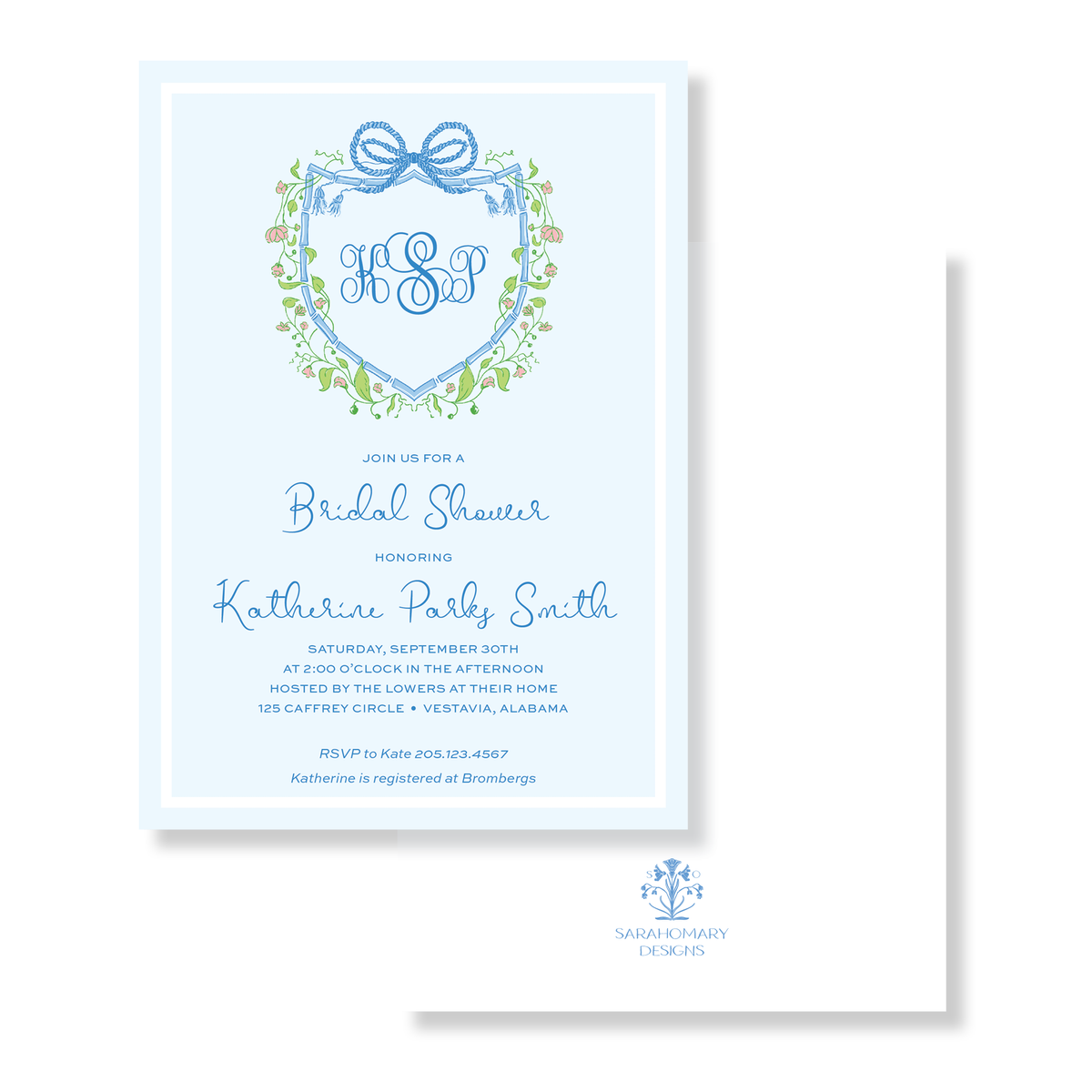 Blue Bow Floral Monogram Crest Bridal Shower Invitation