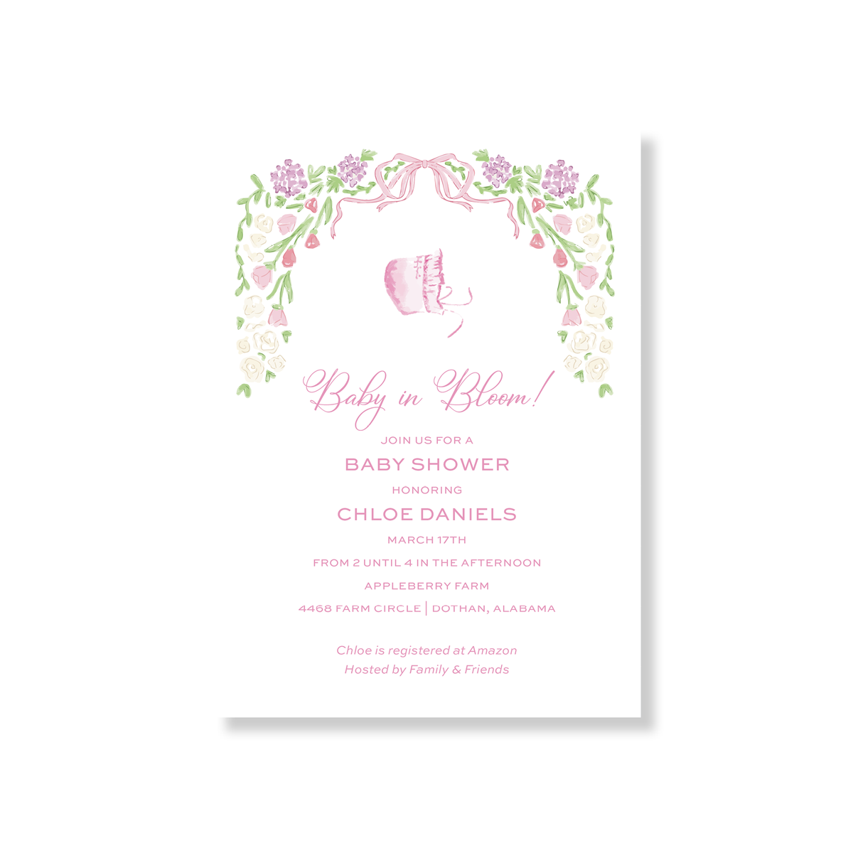 Floral Baby In Bloom Pink Bonnet Shower Invitation