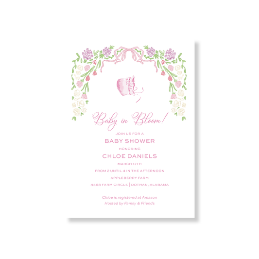 Floral Baby In Bloom Pink Bonnet Shower Invitation