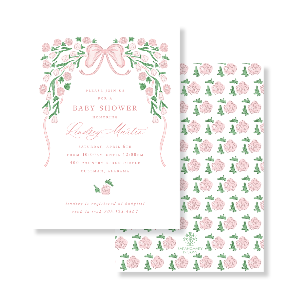 Pink Bow Hydrangea Baby Shower Invitation