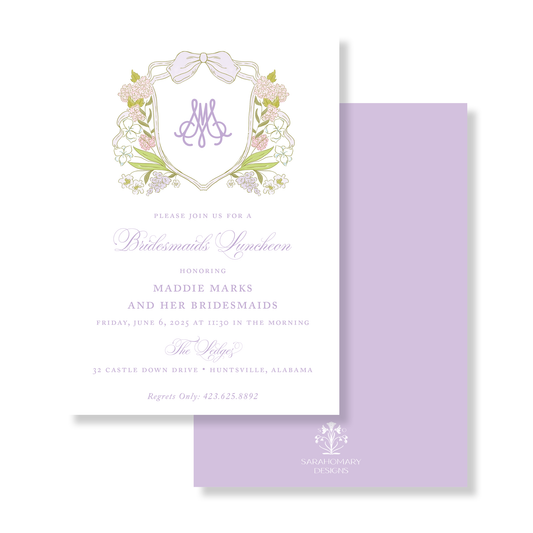 Purple Floral Monogram Crest Bridesmaid Luncheon Invitation