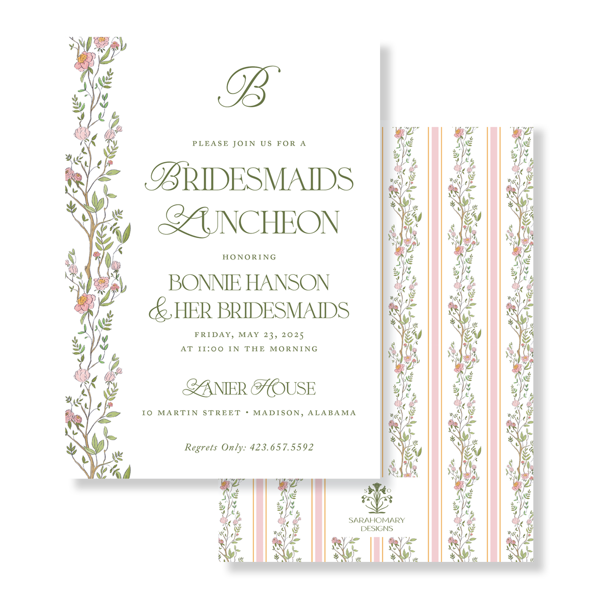 Pink Striped Floral Initial Bridesmaid Luncheon Invitation