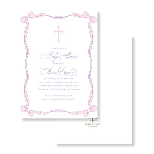 Pink Bows + Cross Baby Shower Invitation