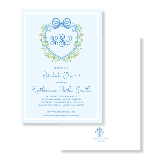 Blue Bow Floral Monogram Crest Bridal Shower Invitation