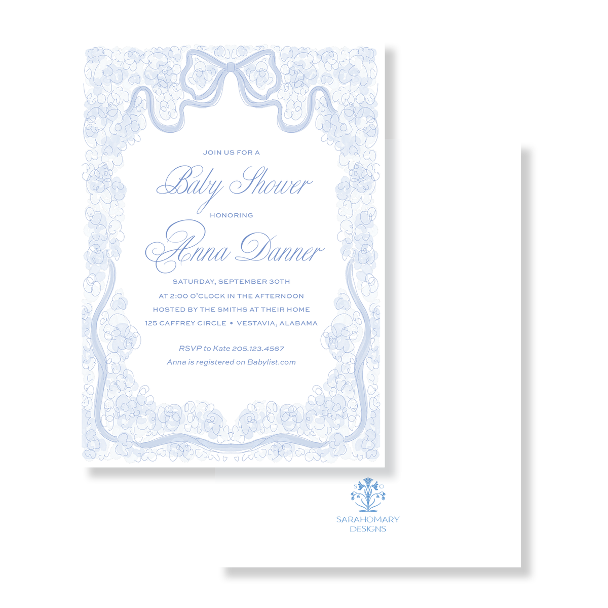 Blue Watercolor Floral Bow Baby Shower Invitation