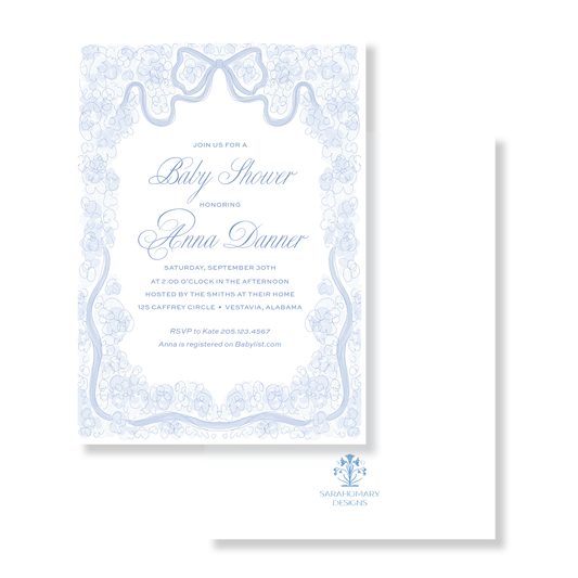 Blue Watercolor Floral Bow Baby Shower Invitation