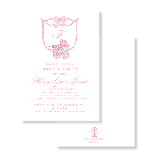 Pink Bow Initial Crest Carriage Baby Shower Invitation