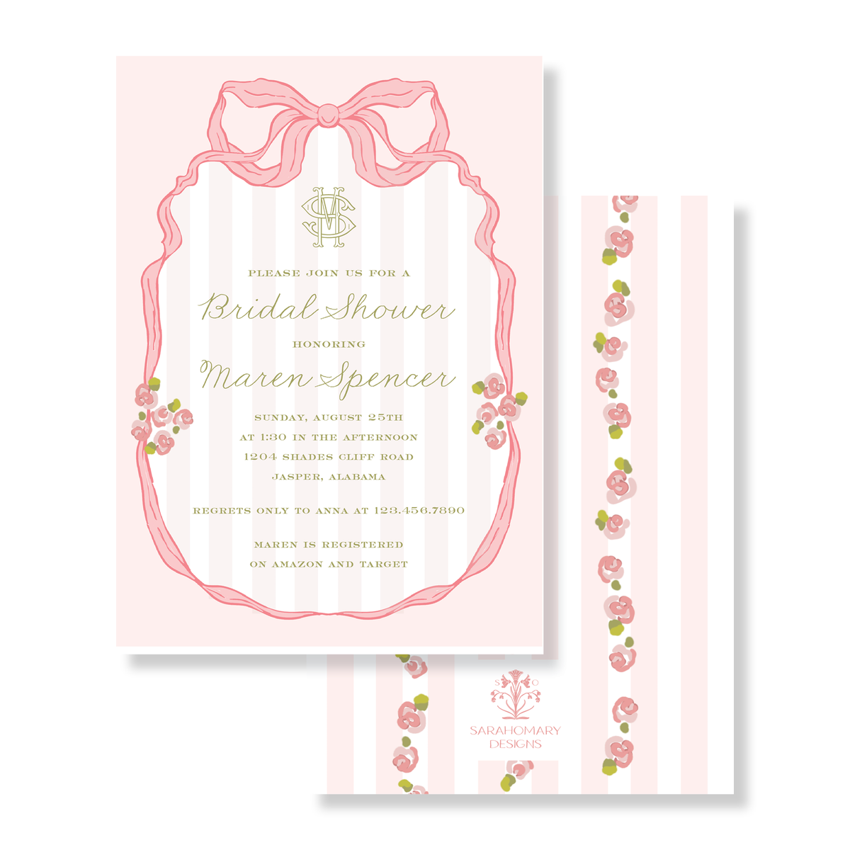 Pink Striped w/ Roses Bridal Shower Invitation