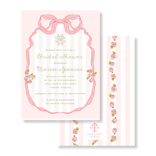 Pink Striped w/ Roses Bridal Shower Invitation