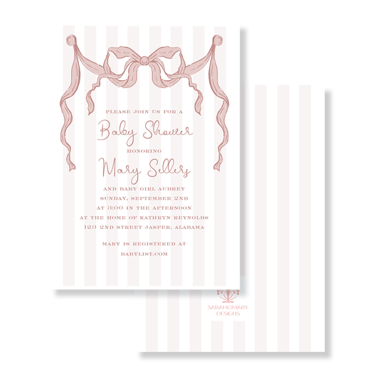 Pink Striped Falling Bow Baby Shower Invitation